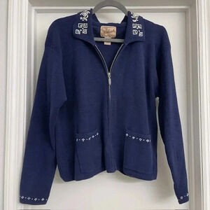 VTG Woolrich Full Zip Cardigan Navy Embroidered Sz M Cottagecore Grandma